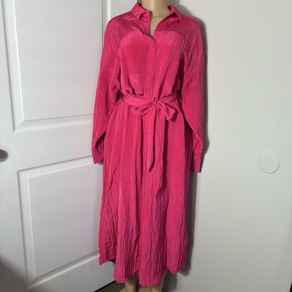 Express Long Shirt Dress size M Long Sleeve Button Up Crinkle Midi Waist Tie